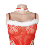 Sexy See Through Christmas Red Bodystocking With Fur Trim