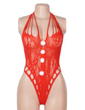 Red Deep V Halter Neck Cutout Christmas Bodystocking