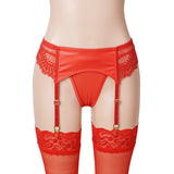 Red Sexy Women Lace PU Leather Adjustable Garter Panty