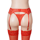 Red Sexy Women Lace PU Leather Adjustable Garter Panty