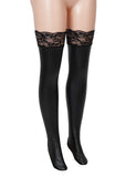 Black Sexy Matt PU Leather Lace Stockings