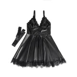 Black Sexy PU Leather And Lace Slip Lingerie