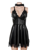 Black Sexy PU Leather And Lace Slip Lingerie