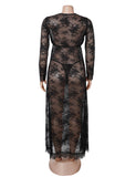 Lace Long Sleeves Deep V Plunge Slit Lingerie Dress