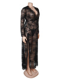 Lace Long Sleeves Deep V Plunge Slit Lingerie Dress