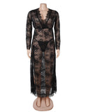 Lace Long Sleeves Deep V Plunge Slit Lingerie Dress