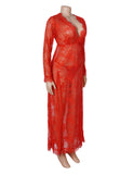 Lace Long Sleeves Deep V Plunge Slit Lingerie Dress