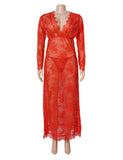 Lace Long Sleeves Deep V Plunge Slit Lingerie Dress