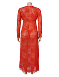 Lace Long Sleeves Deep V Plunge Slit Lingerie Dress