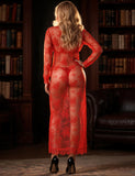 Lace Long Sleeves Deep V Plunge Slit Lingerie Dress