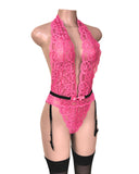 Pink Sexy Lace Push Up Open Crotch Bodysuit