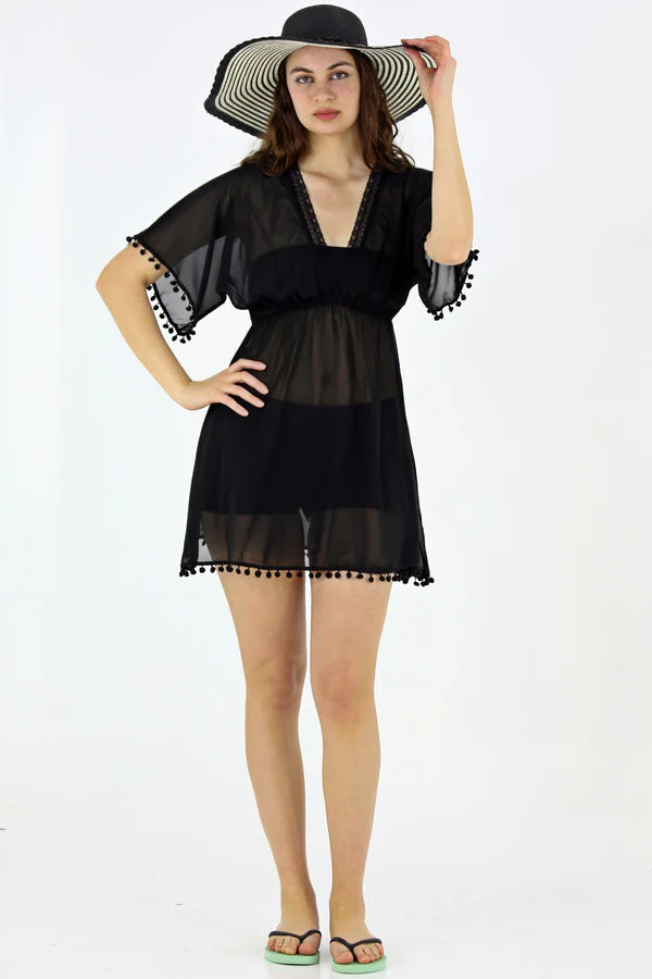 Black Pom-Pom Trim Beach Dress