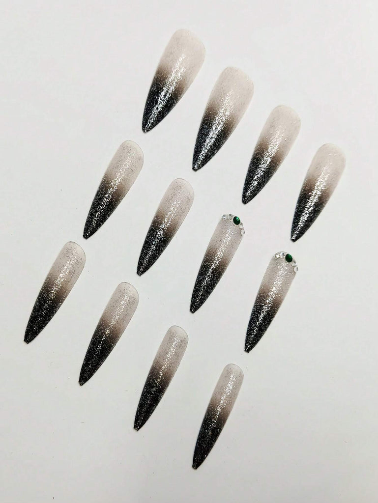 24pcs Black Gradient Flashing False Nails With Jelly Adhesive And Nail