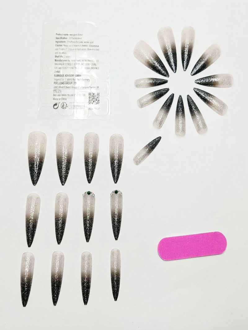 24pcs Black Gradient Flashing False Nails With Jelly Adhesive And Nail