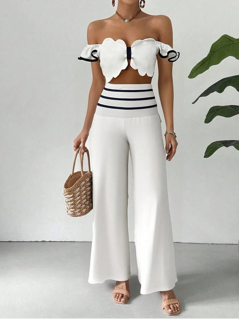 Shein Brezaia's new summer women's set, with a stylish casual design, consists of two pieces: a blouse and pants in a solid color, off-the-shoulder, sexy and attractive.