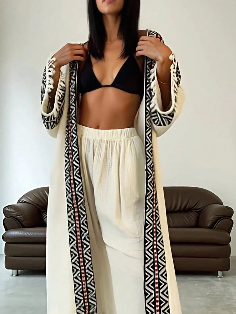 Two-piece set from SHEIN, coat and open-front pants with a geometric print and fringed edges.