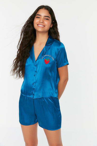 Dark Blue Embroidered Satin Pajamas Egypt Set – Farawlaya.com