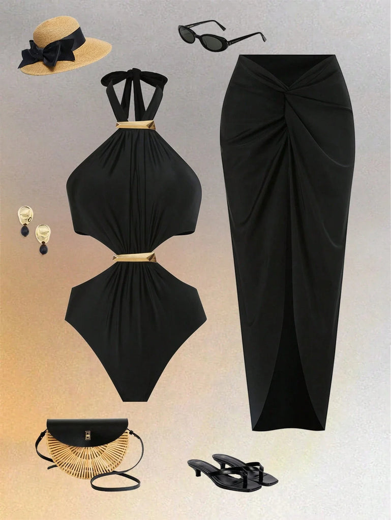 SHEIN 2pcs/Set Women's Sexy Backless Spaghetti Strap Hollow Out One-Piece Swimsuit