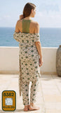 Women's 3-piece pajama set: top, robe, and trousers.