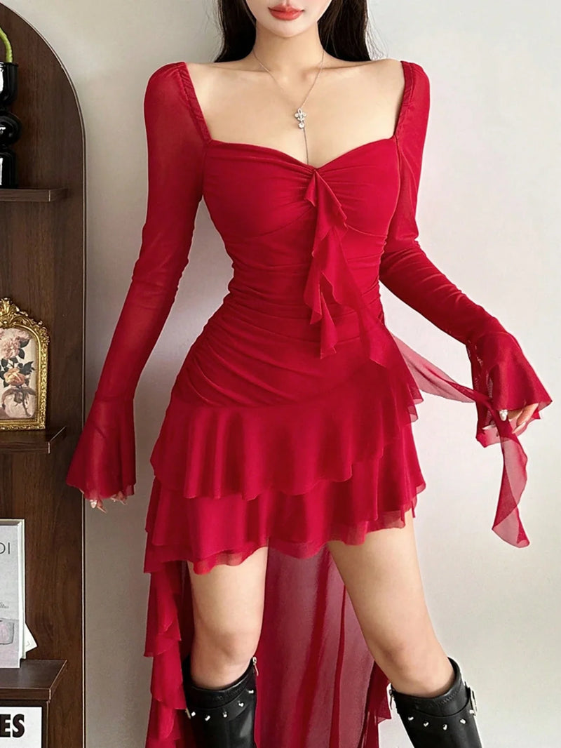 Shein's luxurious solid-color dress is fitted, high-waisted, square-neck, and long-sleeved, made from mesh fabric.