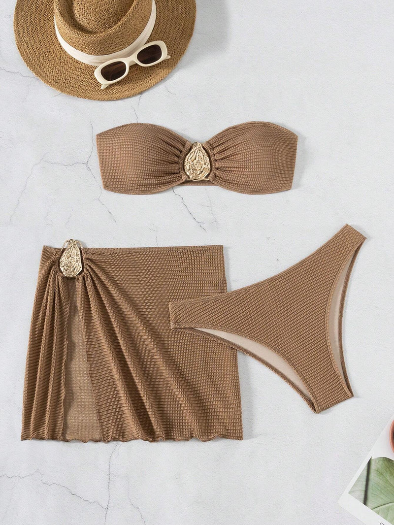 3pcs New Fashion Sexy Solid Color Bikini Set Brown Bathing Suit