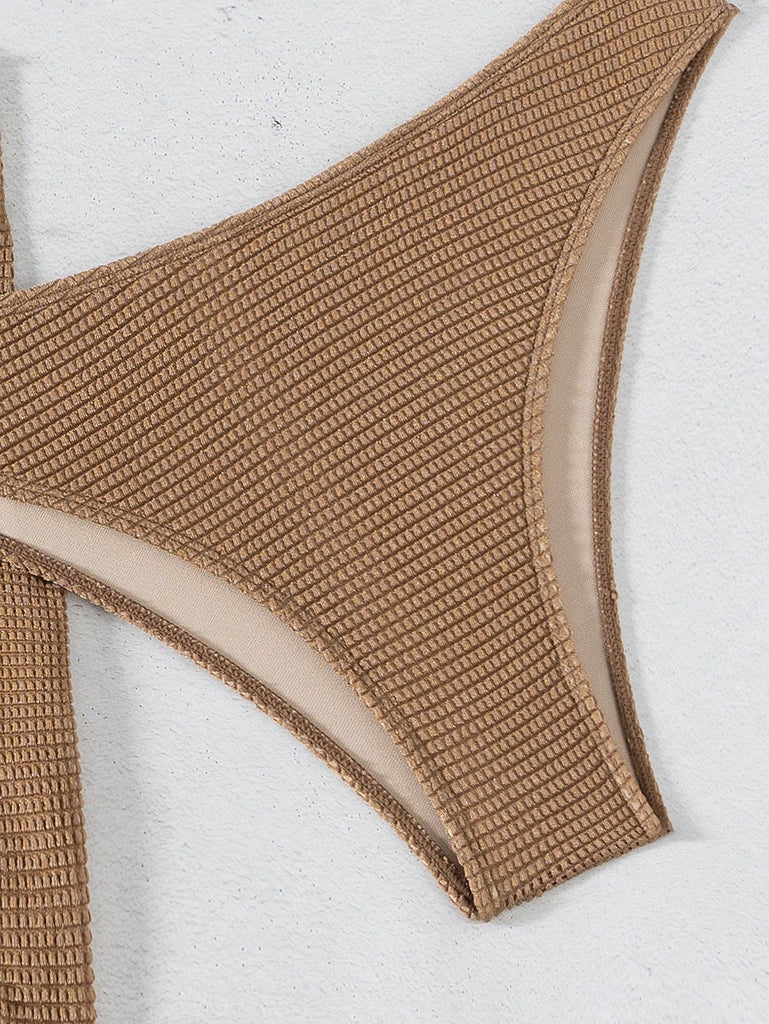 3pcs New Fashion Sexy Solid Color Bikini Set Brown Bathing Suit