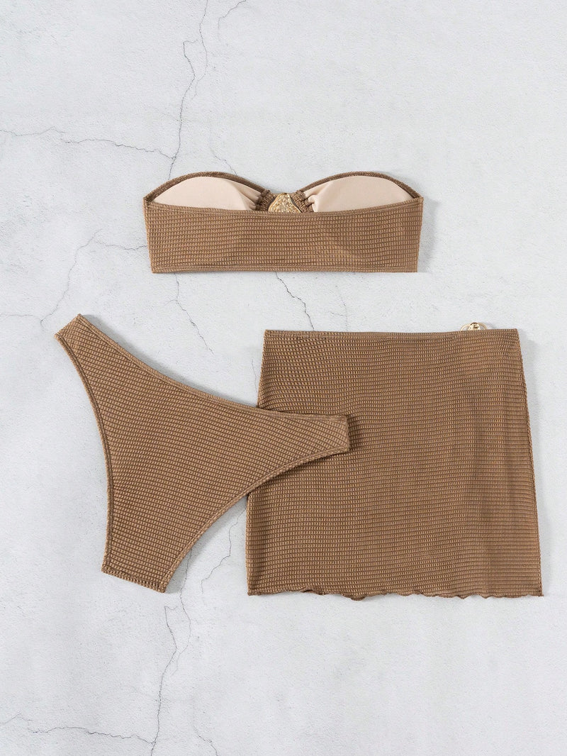3pcs New Fashion Sexy Solid Color Bikini Set Brown Bathing Suit