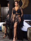 Long White & Black Sexy Ruffled Trumpet Sleeves Robe With Belt