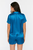 New Dark Blue Embroidered Satin Pajamas Set