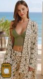 Women's 3-piece pajama set: top, robe, and trousers.