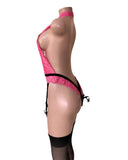 Pink Sexy Lace Push Up Open Crotch Bodysuit