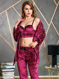 Anil Women’s Velvet Dressing Gown Baleen Padded Padded Straps Removable Lace Bustier Bra And Trouser Pajamas