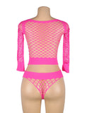 Long Sleeve Two-Piece Bodystocking With Fishnet Crop Top And Bottom