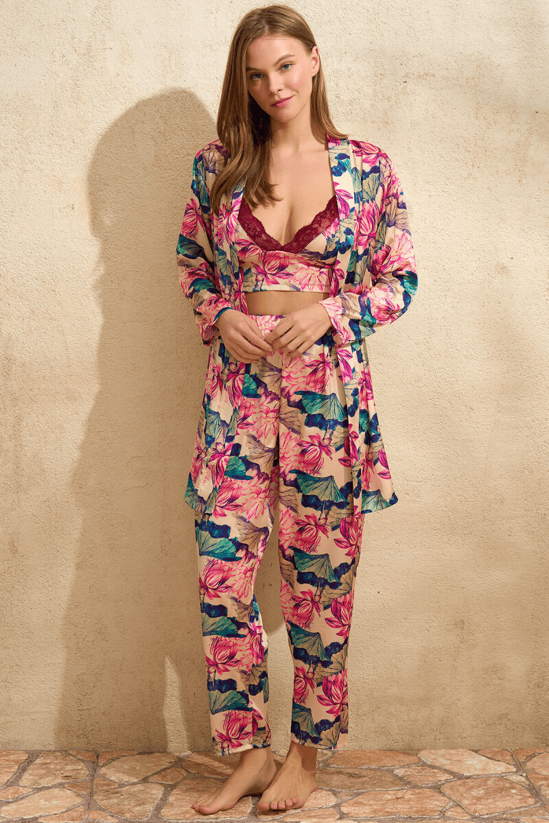 Without Padding Lace Bralette Bra And Trousers Pajamas 3-Piece Set