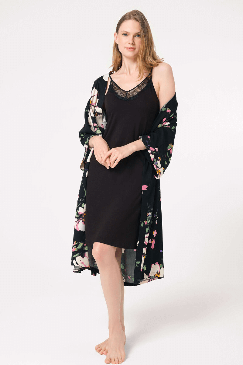 Flower Patterned Winter Knitted Normal Waist Lace Detailed Nightgown Dressing Gown