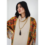 High neck linen & printed satin kaftan