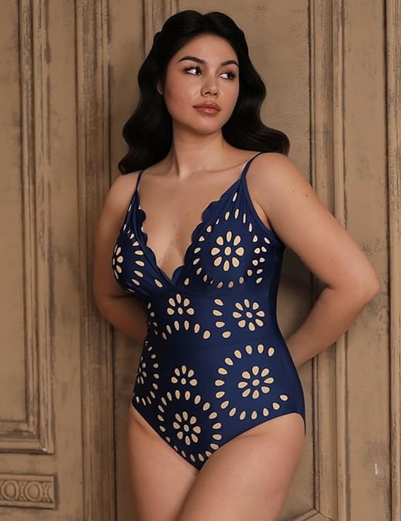 Women's swimsuit with removable padding, nylon fabric, hollow-out pattern design