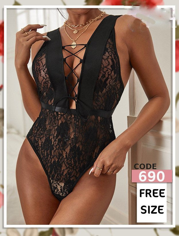 Floral Lace Lace-up Teddy Bodysuit