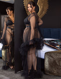 Long White & Black Sexy Ruffled Trumpet Sleeves Robe Egypt With Belt