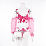 Pink Sexy See Through Mesh Metal Chain Long Sleeves Lingerie Set