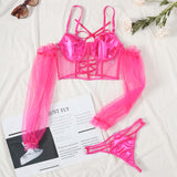 Pink Sexy See Through Mesh Metal Chain Long Sleeves Lingerie Set