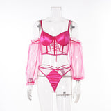 Pink Sexy See Through Mesh Metal Chain Long Sleeves Lingerie Set