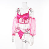 Pink Sexy See Through Mesh Metal Chain Long Sleeves Lingerie Set