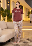 Women's half-sleeved pajama with long pants decorated with flowers