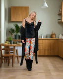 4-piece pajama set, velor t-shirt, velor pants, robe with belt, boots