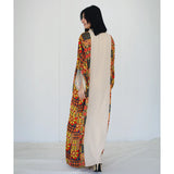 High neck linen & printed satin kaftan