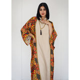 High neck linen & printed satin kaftan