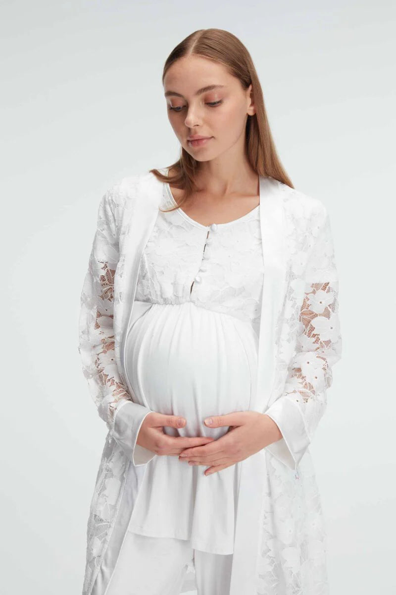 Anil Short Sleeve Lace Maternity Pajama Set with Dressing Gown