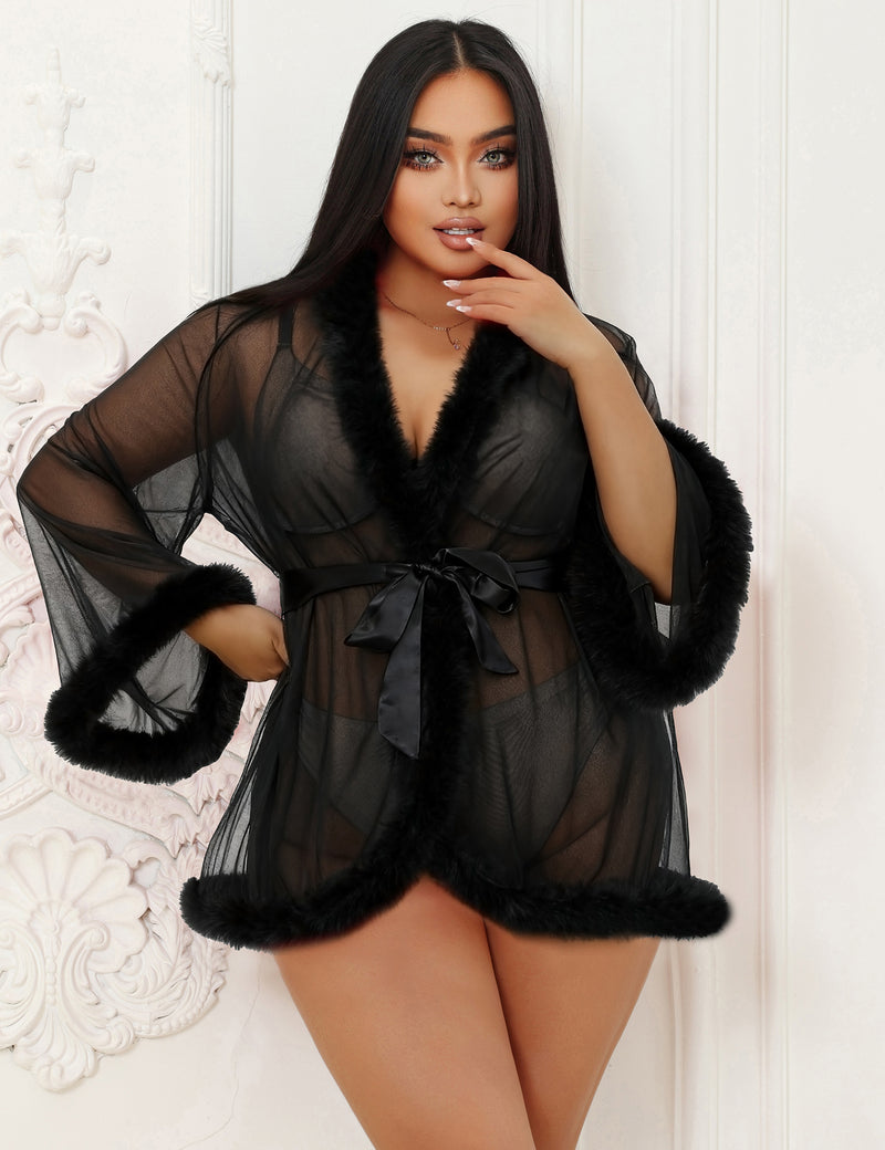 Sexy Mesh Mink Fur Trim Short Robe Egypt With Belt