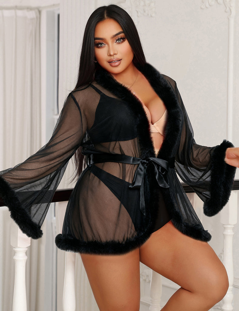 Sexy Mesh Mink Fur Trim Short Robe Egypt With Belt